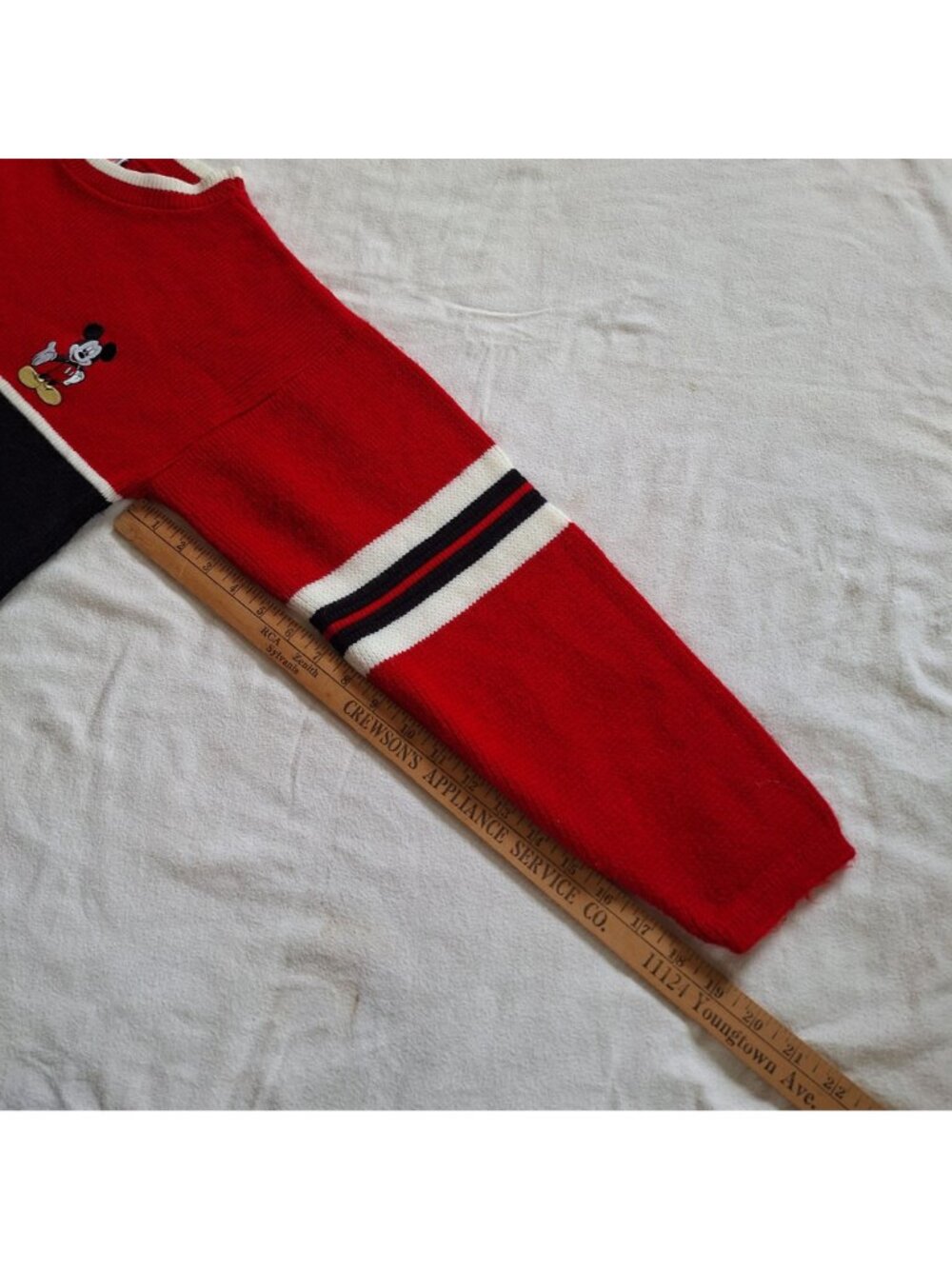 Mickey Unlimited Sweater L Vintage 90s Embroidered Patch Red Black Kids Large - Picture 9 of 14